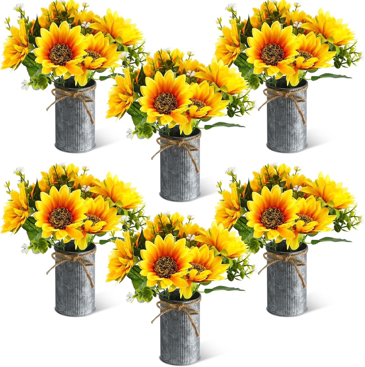 Summer Sunflower Sets – 6 Sets Artificial Sunflowers in Vintage Metal Pots, Rustic Faux Flower Decor for Tables & Centerpieces